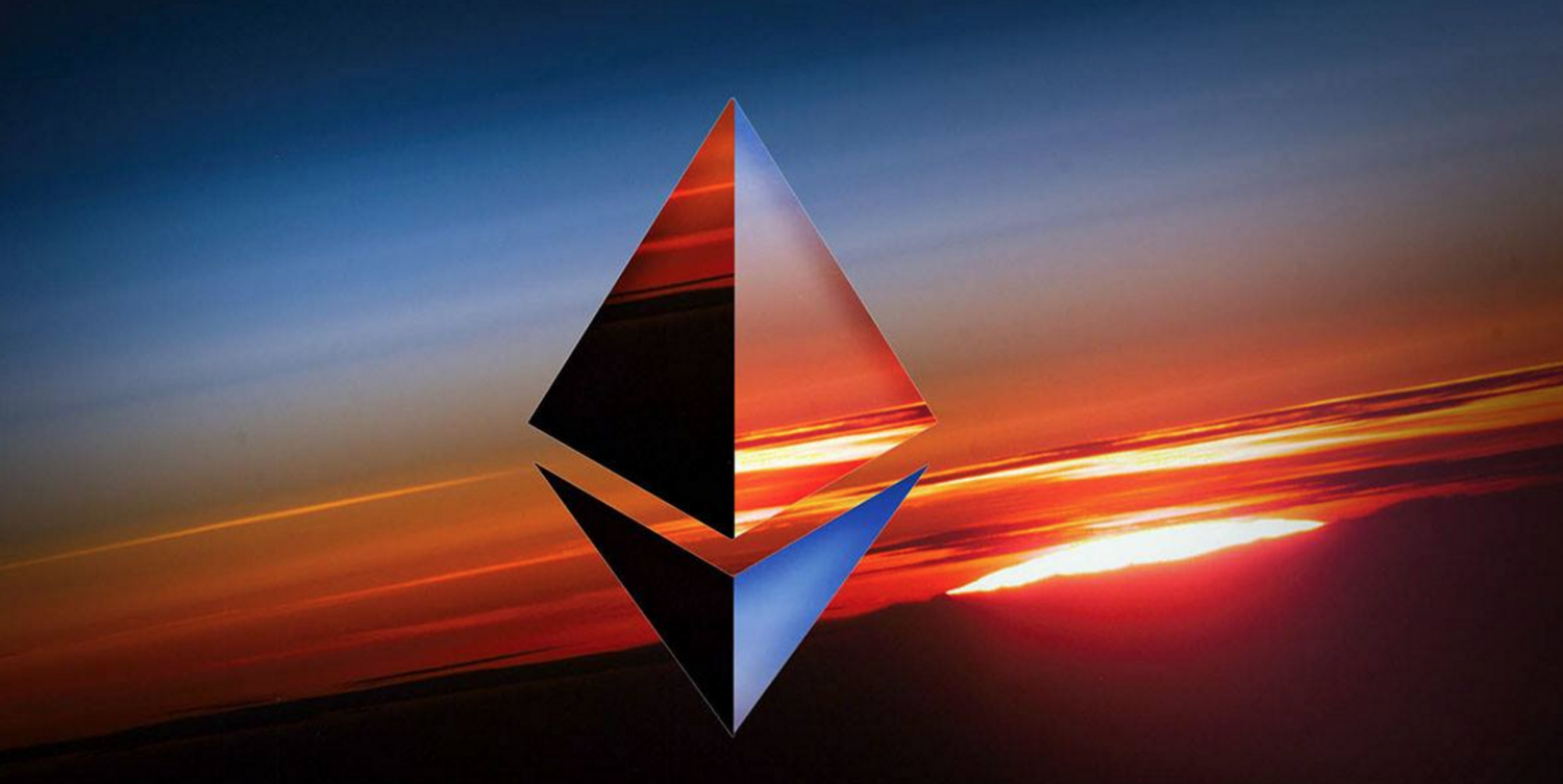 Ethereum logo on the sunset background