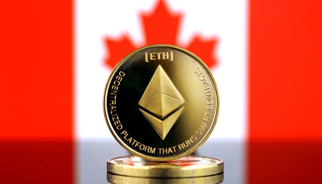 Golden Ethereum Coin with Canada Flag in the background