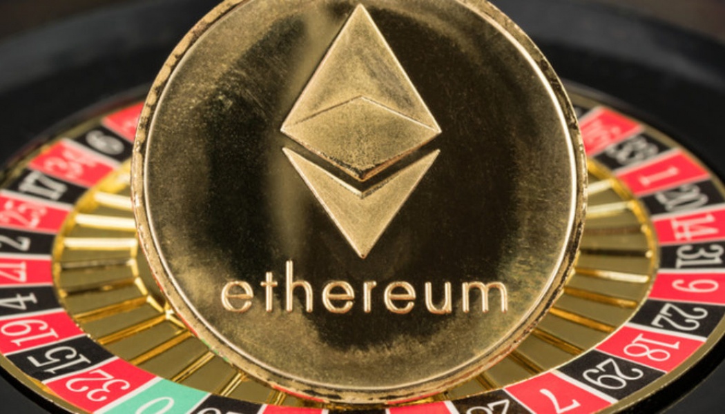 Ethereum gold coin with roulette wheel in the background