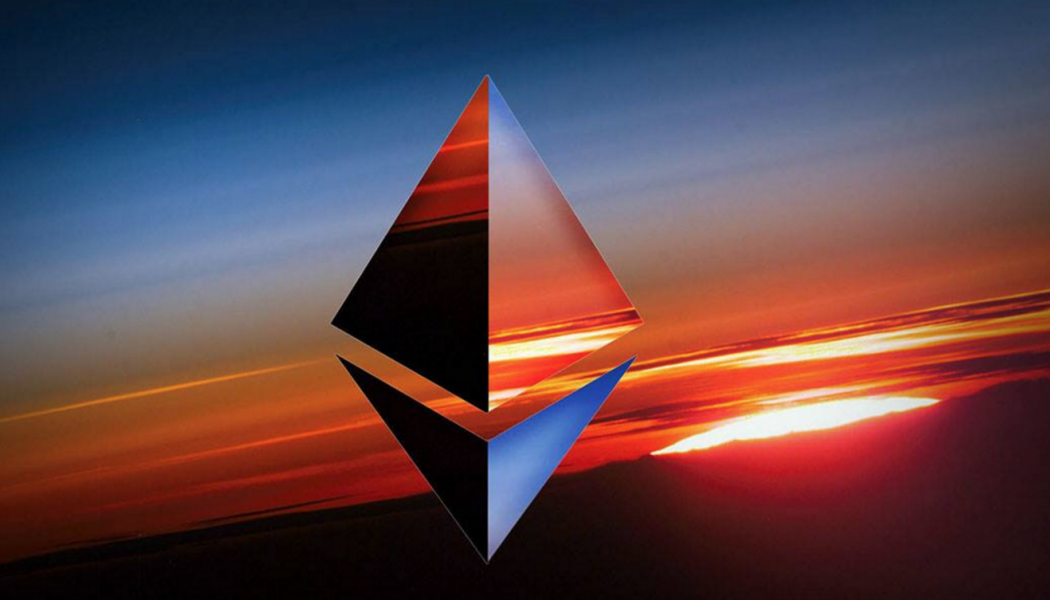 Ethereum logo on the sunset background
